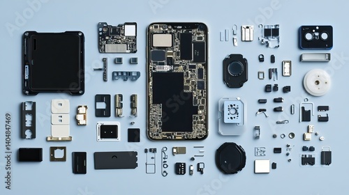 Mobile phone teardown layout with components labeled