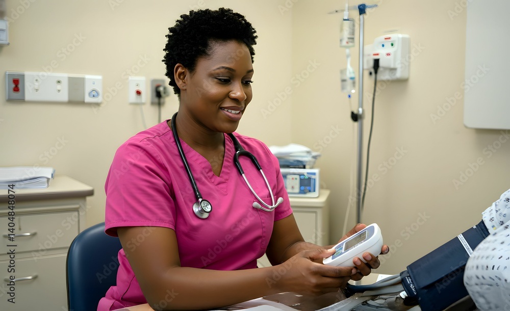 Afro-American nurse wearing colorful scrubs taking blood pressure
