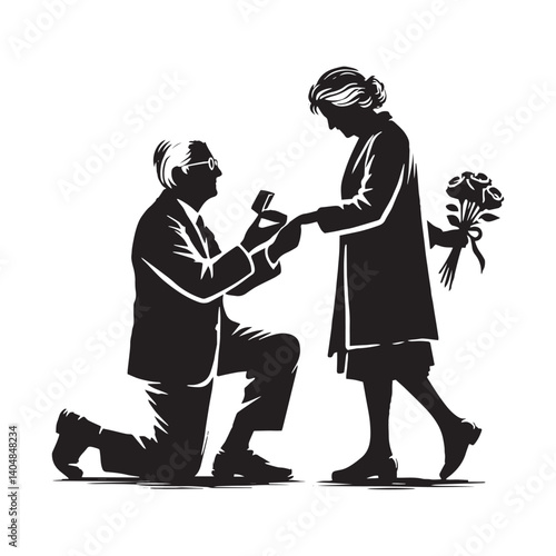 Old couple proposing Vector - Minimalist Old couple proposing Silhouette - Old couple proposing illustration.