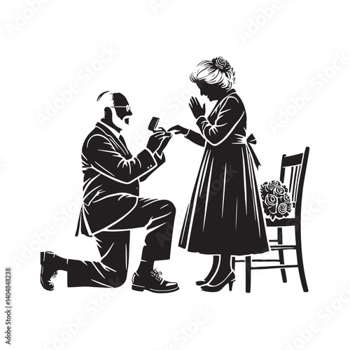 Old couple proposing Vector - Minimalist Old couple proposing Silhouette - Old couple proposing illustration.