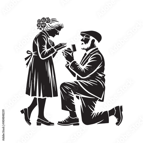 Old couple proposing Vector - Minimalist Old couple proposing Silhouette - Old couple proposing illustration.