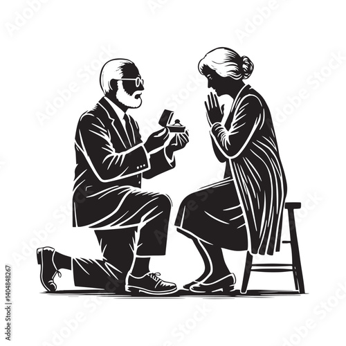 Old couple proposing Vector - Minimalist Old couple proposing Silhouette - Old couple proposing illustration.