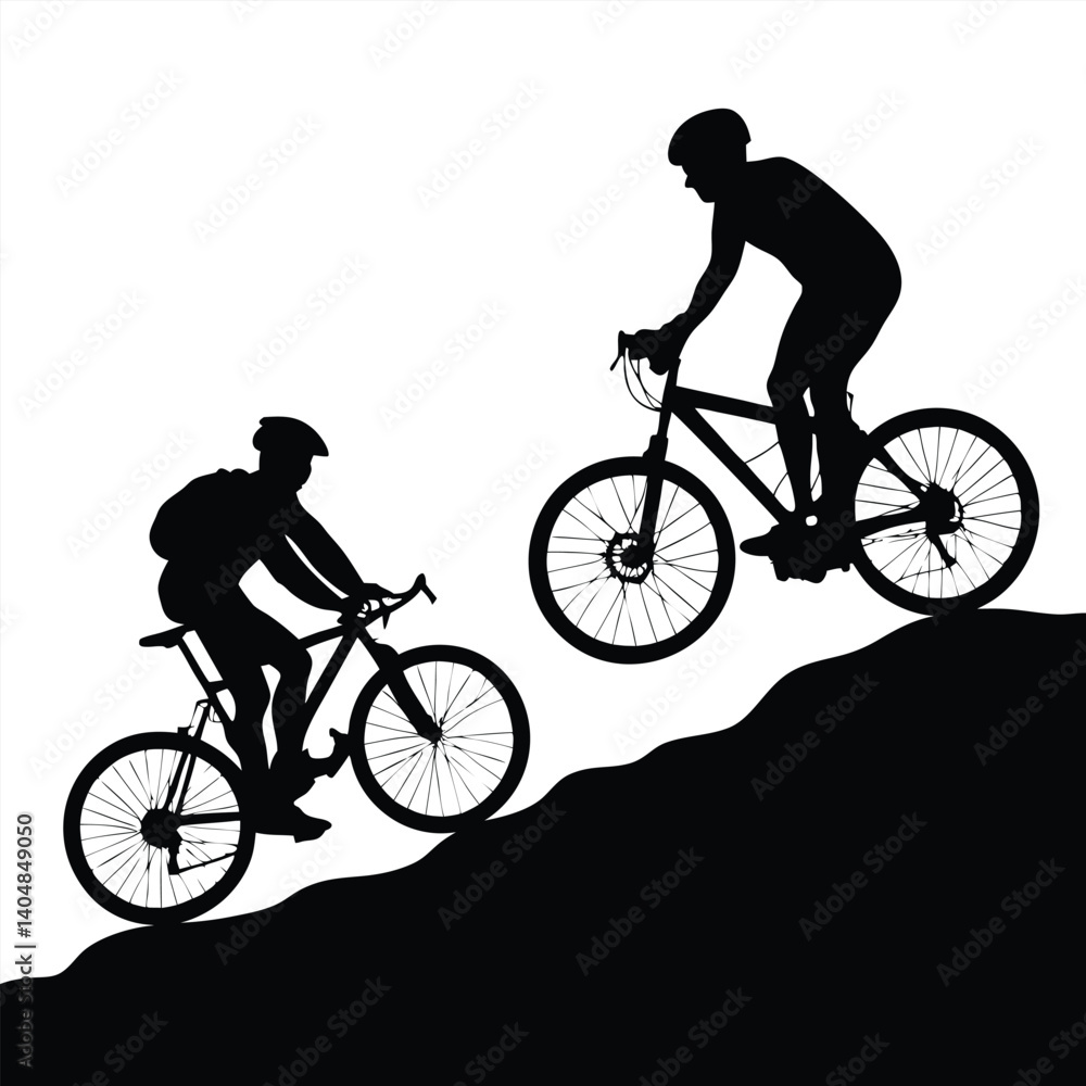 Naklejka premium Two Cyclists Riding Bikes Uphill Silhouettes on Terrain with Transparent Background