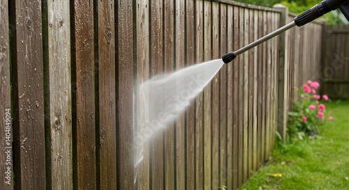Pressure Washing: Cleaning Weathered Wooden Fence, Powerful Water Spray