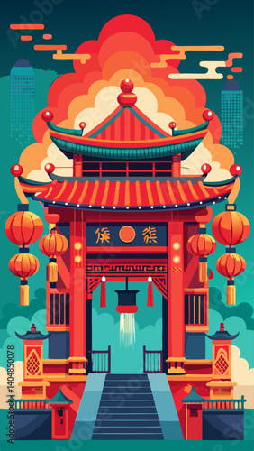 A red and blue building with a red door and a red roof. The building is surrounded by lanterns and has a lot of detail