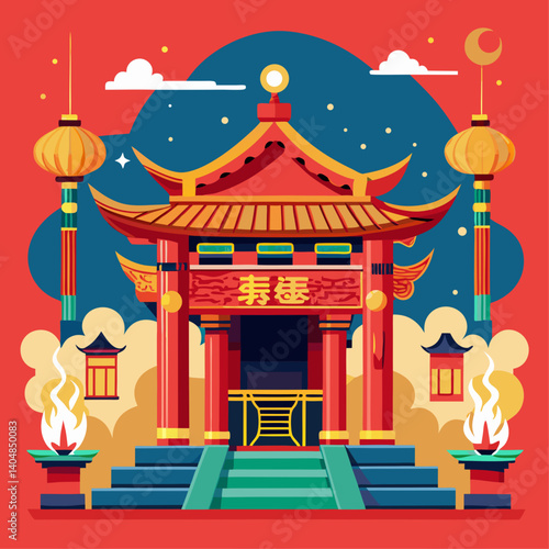 A red and blue building with a red door and a red roof. The building is surrounded by lanterns and has a lot of detail