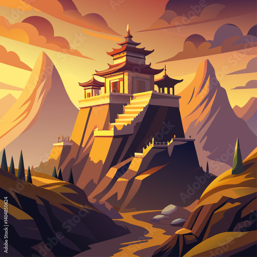 A mountain landscape with a large building in the foreground. The building is surrounded by rocks and has a steep staircase leading up to it. The sky is orange and the sun is setting, creating a warm