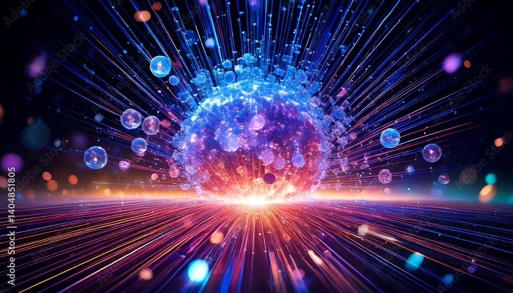 Obraz premium Abstract glowing sphere with light streaks and floating bubbles in a dark background scene