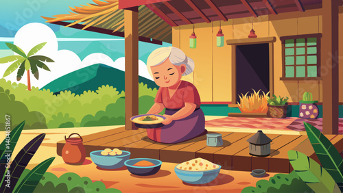 A woman is cooking in a kitchen with a lot of food on the table. She is wearing a yellow shirt and a red skirt