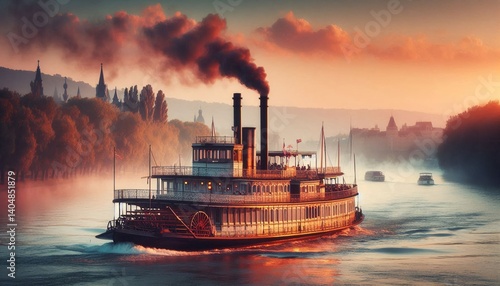 Vintage paddle steamer cruising along a river at sunset with smoke coming from its chimney.
