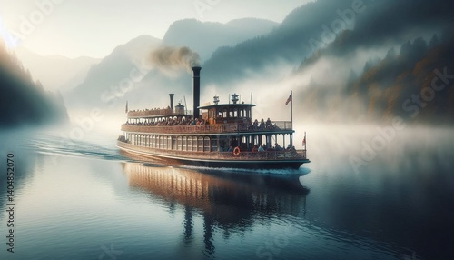 A paddle steamer with tourists on board cruising through a foggy morning lake.