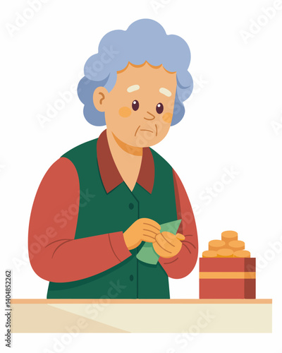 An old woman counting her change at the grocery store her wrinkled hands shaking with fear of not having enough.. Vector illustration