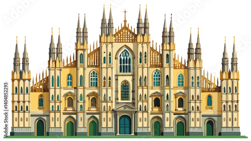 Facade of the Duomo di Milano isolated on transparent background (Milan Cathedral 1418-1577). Church, monument symbol of Lombardy, Italy, Europe. Photography,