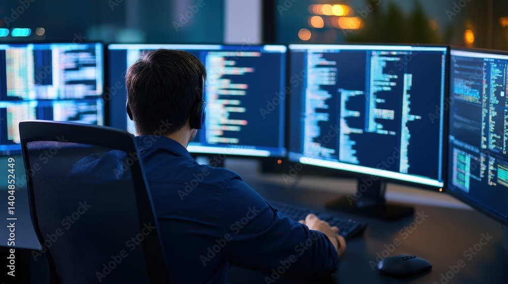 A focused individual works at a multi-screen setup, analyzing code and data in a high-tech environment. A focused individual works at a multi-screen setup, analyzing code and data in a high-tech environment.