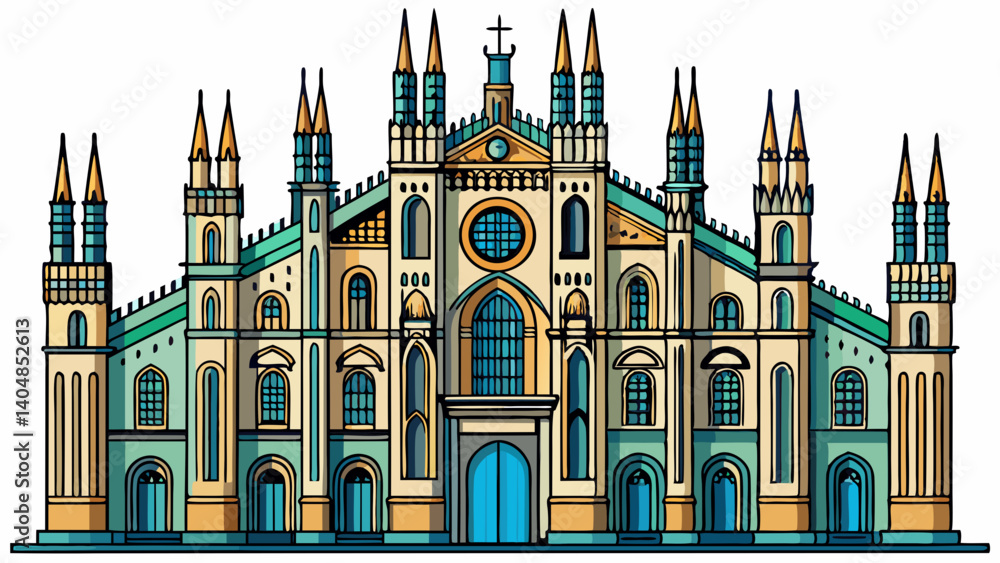 Fototapeta premium Facade of the Duomo di Milano isolated on transparent background (Milan Cathedral 1418-1577). Church, monument symbol of Lombardy, Italy, Europe. Photography,