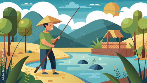 A man is fishing in a river with a hut in the background. The scene is peaceful and serene