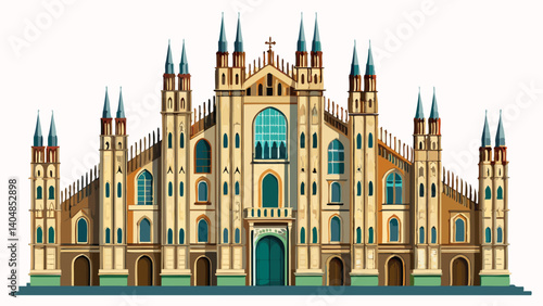 Facade of the Duomo di Milano isolated on transparent background (Milan Cathedral 1418-1577). Church, monument symbol of Lombardy, Italy, Europe. Photography,