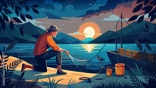A man is fishing in a lake with a lantern in his hand. The sky is orange and the sun is setting