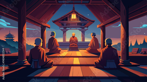 A group of monks are sitting in a room with a wooden floor. The room is dimly lit and the monks are in a meditative state