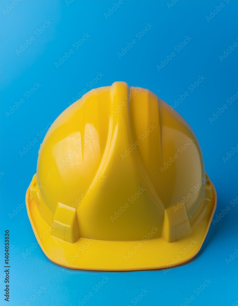 Fototapeta premium Yellow construction helmet of blue background. Happy Labor Day concept.