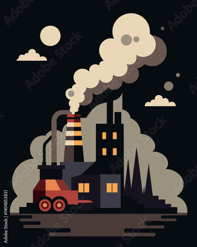 The sound of machinery and the smell of smoke have been rep by an eerie stillness and a lingering scent of decay.. Vector illustration