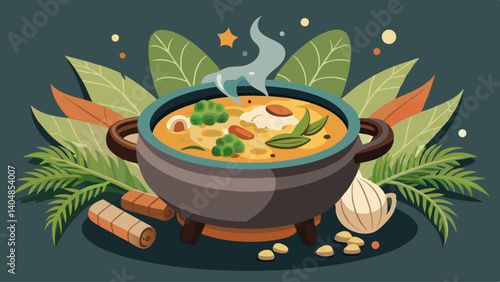 A pot of soup with a bunch of vegetables and a lime on the left. The soup is hot and steam is coming out of it