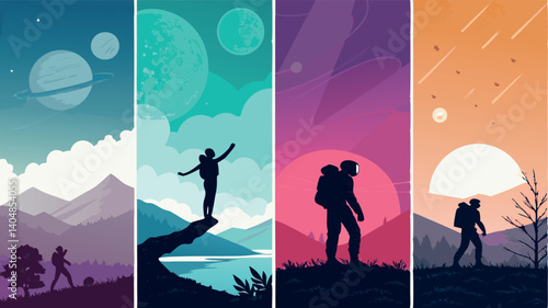 Set of 4 Abstract Futuristic Space Posters - Minimalist Astronaut & Silhouette Designs for Promotion