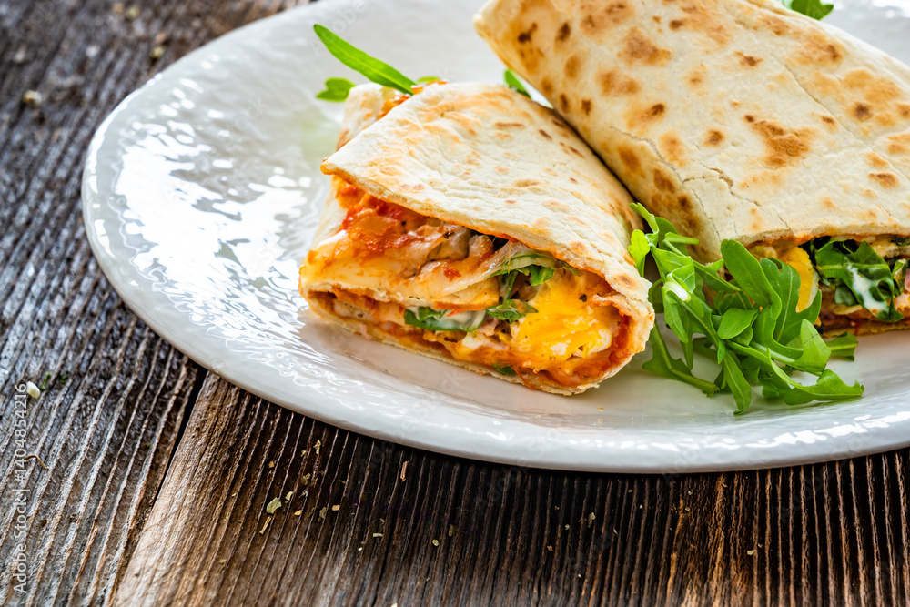 Italian piada wraps - piadina filled with fresh vegetable leaves, boiled ham, scrambled eggs, mozzarella cheese on wooden table Italian piada wraps - piadina filled with fresh vegetable leaves, boiled ham, scrambled eggs, mozzarella cheese on wooden table