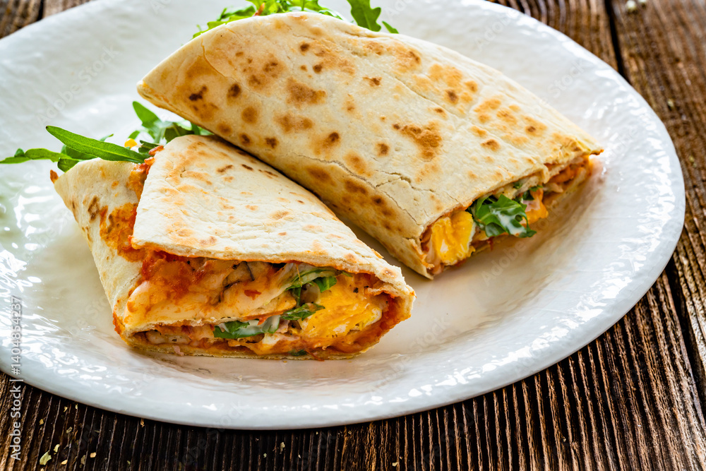 Italian piada wraps - piadina filled with fresh vegetable leaves, boiled ham, scrambled eggs, mozzarella cheese on wooden table Italian piada wraps - piadina filled with fresh vegetable leaves, boiled ham, scrambled eggs, mozzarella cheese on wooden table