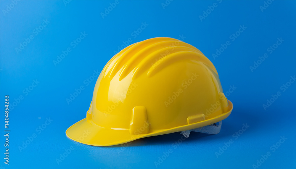 Fototapeta premium Yellow construction helmet of blue background. Happy Labor Day concept.