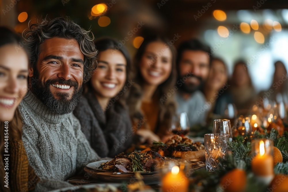 A joyful multigenerational family gathered around the dinner table, sharing a festive meal in a warmly lit, cozy home A joyful multigenerational family gathered around the dinner table, sharing a festive meal in a warmly lit, cozy home