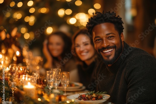 A joyful multigenerational family gathered around the dinner table, sharing a festive meal in a warmly lit, cozy home 