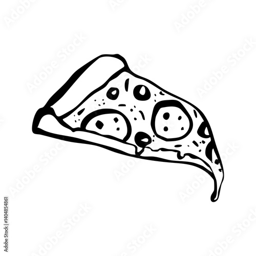 Slice of pepperoni pizza with black olives, doodle drawing, sketch vector illustration, black line on a white background