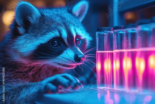 A scientist conducting an experiment in a lab, with a raccoon observing, symbolizing exploration and curiosity in education  
