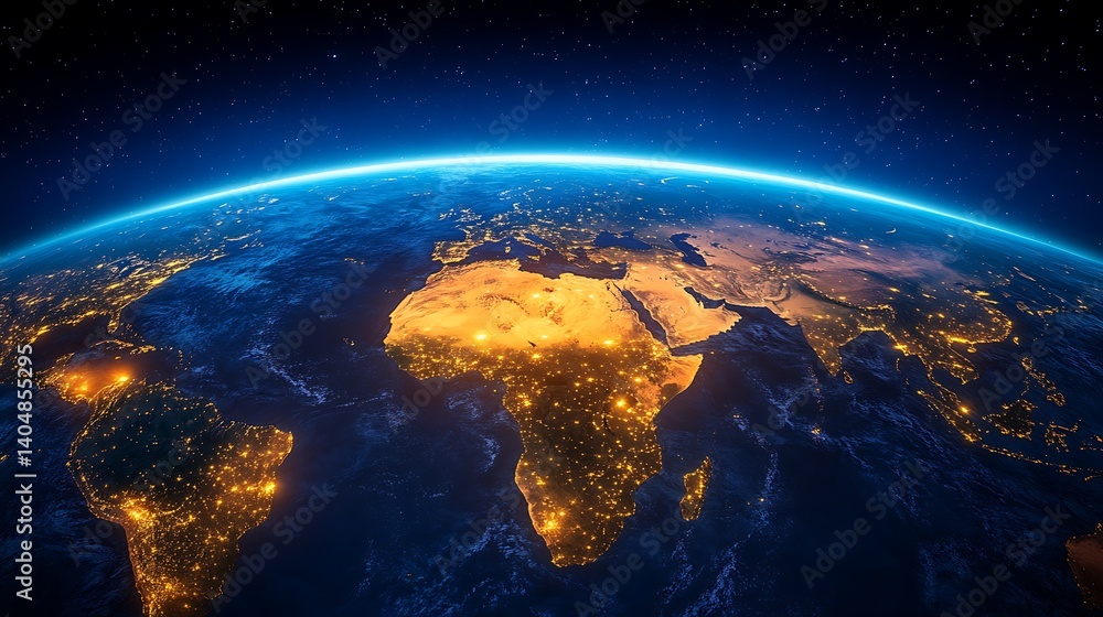 Fototapeta premium Global view of Earth at night, highlighting city lights.