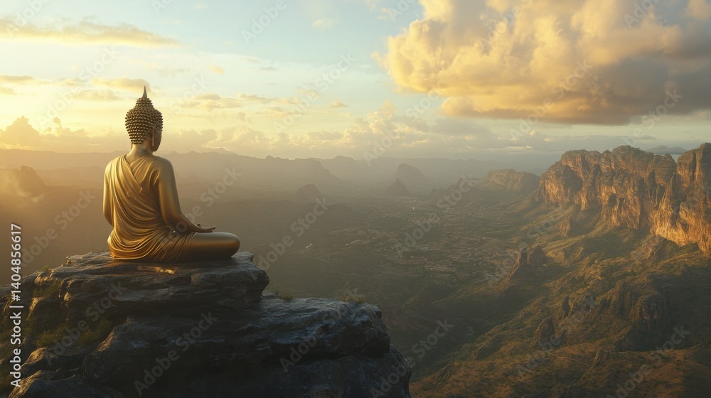 Golden Buddha statue on mountain peak with dramatic lighting and serenity Golden Buddha statue on mountain peak with dramatic lighting and serenity