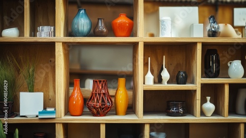 Wallpaper Mural Modern wooden shelf filled with colorful ceramics Torontodigital.ca