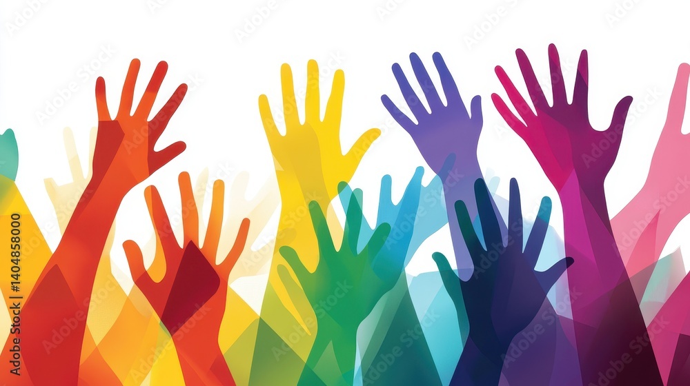 Colorful silhouettes of raised hands expressing unity and diversity against a vibrant background