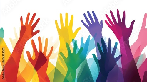 Obraz na płótnie Colorful silhouettes of raised hands expressing unity and diversity against a vibrant background w salonie