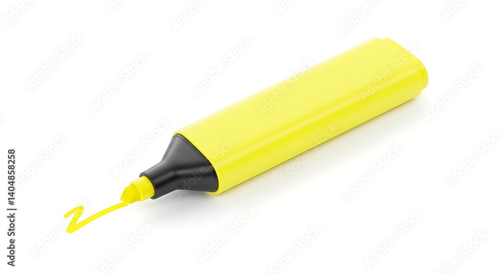 Overhead shot of a yellow highlighter with a black grip, leaving a small squiggle of yellow ink on a white surface. The marker sits at an angle. Overhead shot of a yellow highlighter with a black grip, leaving a small squiggle of yellow ink on a white surface. The marker sits at an angle.