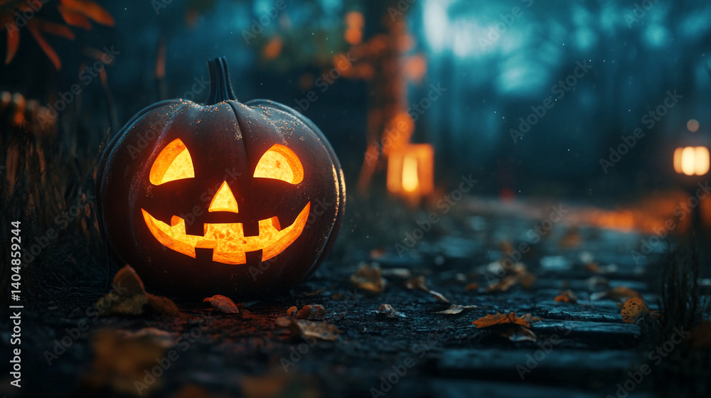 Spooky Halloween Jack-o'-Lantern on Dark Autumn Path with Lanterns Spooky Halloween Jack-o'-Lantern on Dark Autumn Path with Lanterns