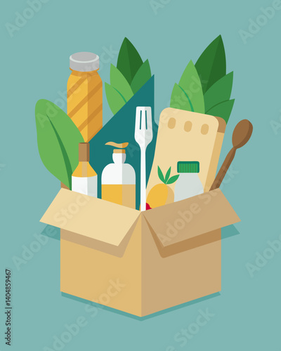 A paperboard box containing a set of sustainable kitchen essentials including beeswax wraps bamboo utensils and cotton produce bags.. Vector illustration