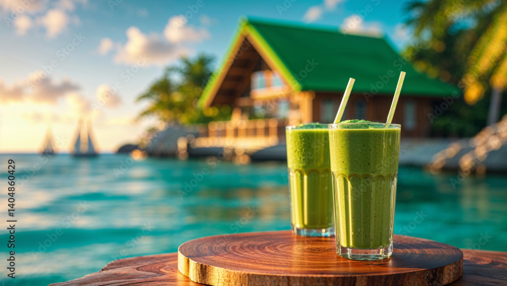 Obraz premium Two fresh green smoothies on a wooden table with a beautiful ocean and a tropical house scene.