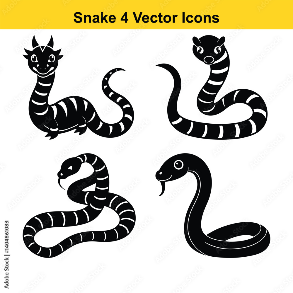 Fototapeta premium A cute cartoon illustration features a set of wild black and white snake animals, a vector reptile serpent.