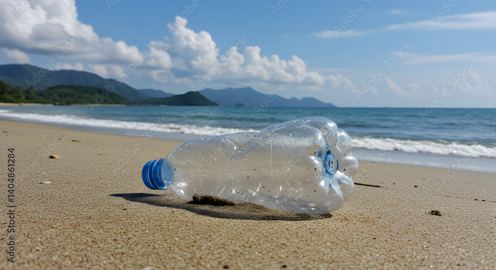 Ocean Plastic: A Solitary Bottle on a Tranquil Beach