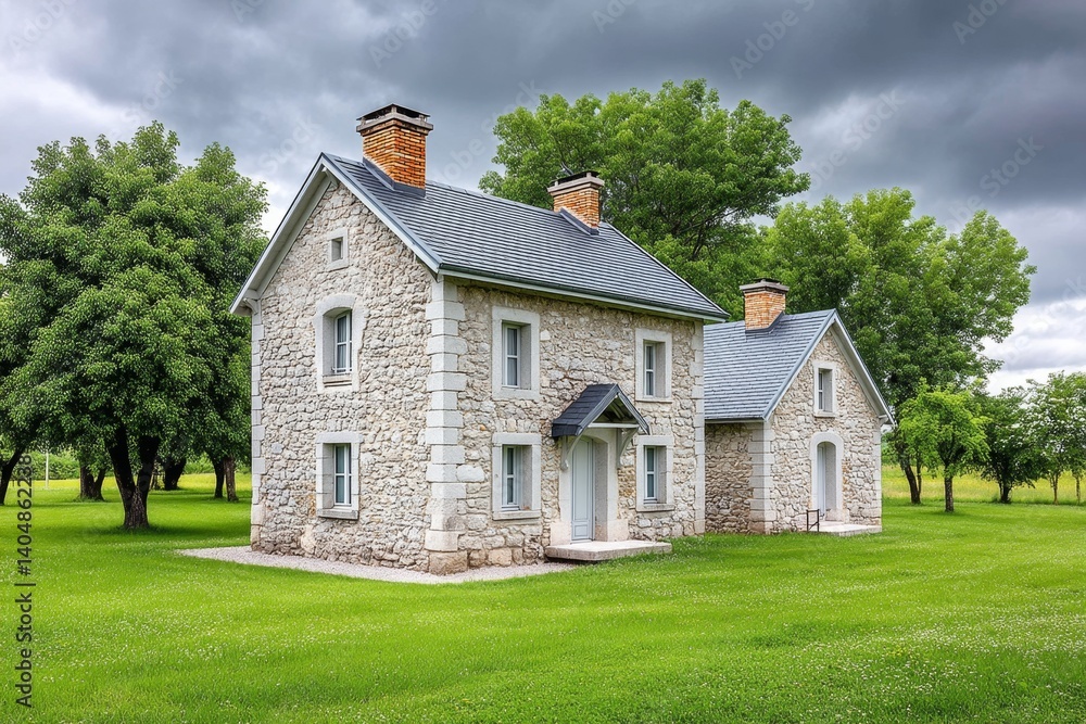 Fototapeta premium A gothic rural village with old stone cottages under cloudy skies and wild trees swaying in the wind