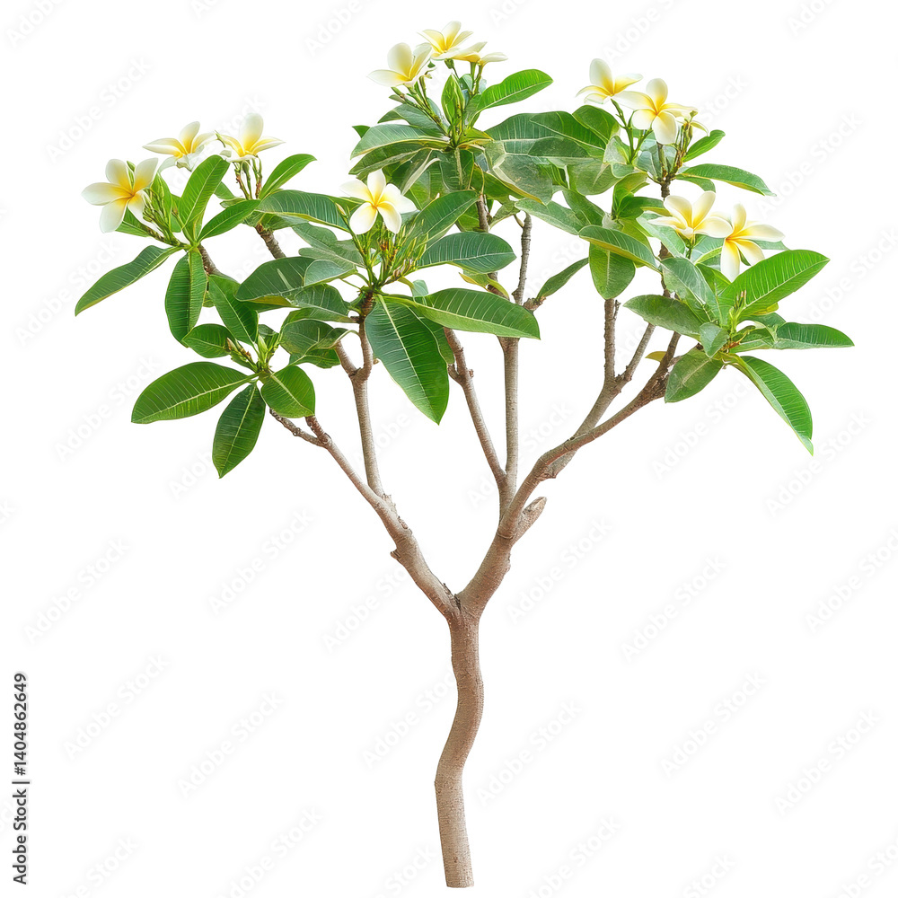 Obraz premium Frangipani tree with lush green leaves and delicate white flowers during daylight in a serene garden, Photograph frangipani tree with beautiful leaves isolated on Transparent background