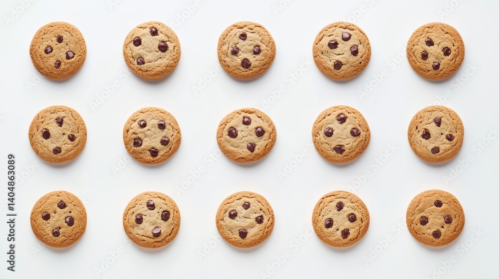 Freshly Baked Chocolate Chip Cookies Arranged in a Neat Grid on a Light Surface Freshly Baked Chocolate Chip Cookies Arranged in a Neat Grid on a Light Surface