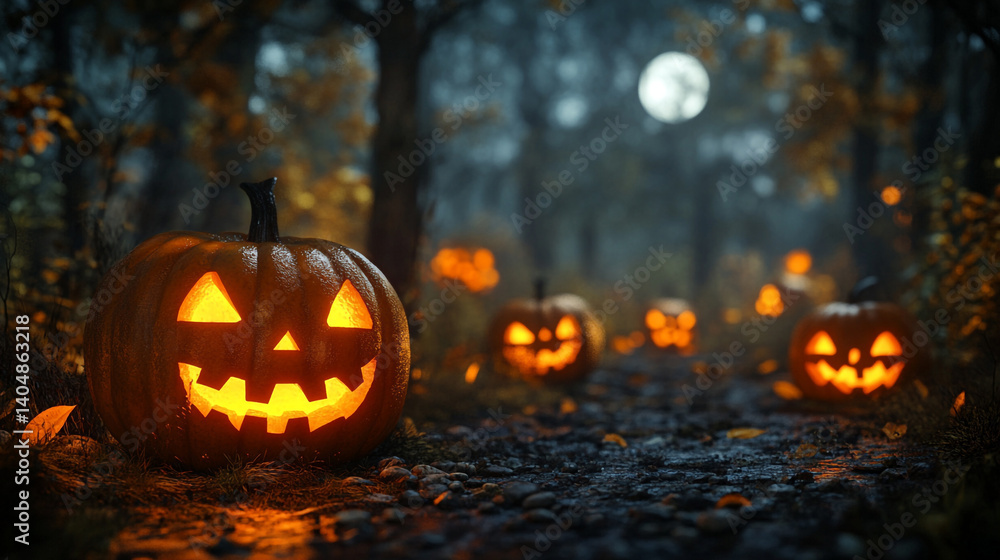 Spooky Halloween Jack-o'-Lanterns Path in Dark Autumn Forest at Night Spooky Halloween Jack-o'-Lanterns Path in Dark Autumn Forest at Night