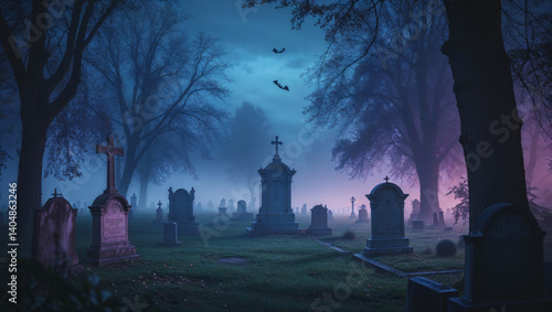 A misty graveyard at dusk, illuminated by a soft purple glow, creates a spooky halloween scene.